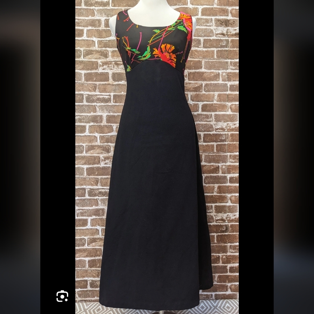 Vintage 70s Floral Maxi Black Hostess Cocktail Evening Party Dress | Size M - Picture 8 of 16